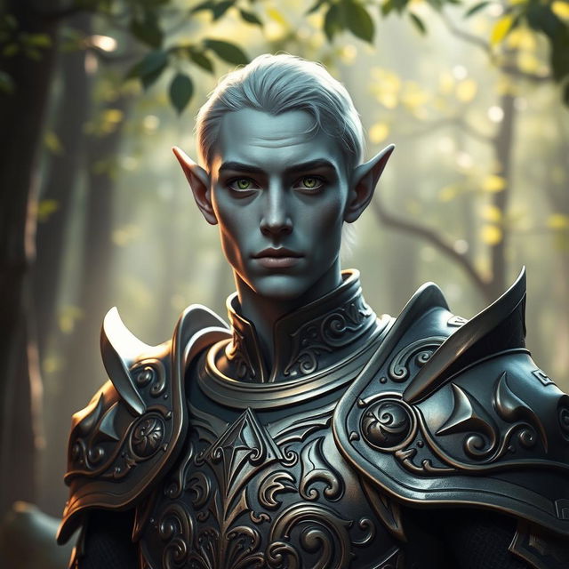 A half-elf paladin with a face shape reminiscent of Mads Mikkelsen, featuring grey skin