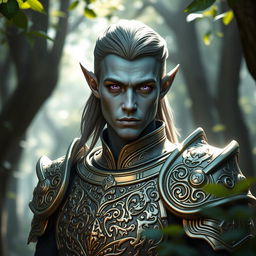 A half-elf paladin with a face shape reminiscent of Mads Mikkelsen, featuring grey skin