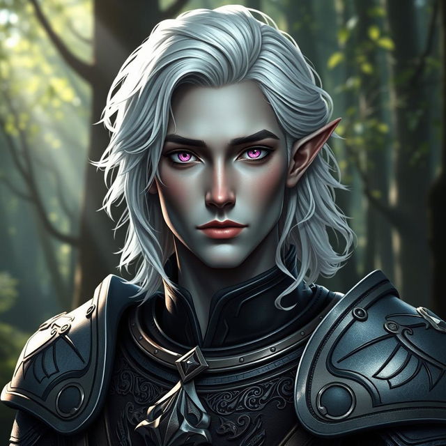 A half-elf paladin with a striking face shape inspired by Mads Mikkelsen