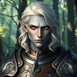 A half-elf paladin with a striking face shape inspired by Mads Mikkelsen