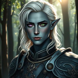 A half-elf paladin with a striking face shape inspired by Mads Mikkelsen