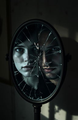 A cracked mirror reflecting different faces, symbolizing character duality