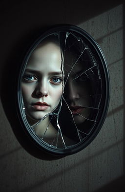 A cracked mirror reflecting different faces, symbolizing character duality