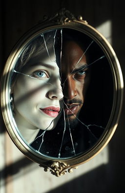 A cracked mirror reflecting different faces, symbolizing character duality