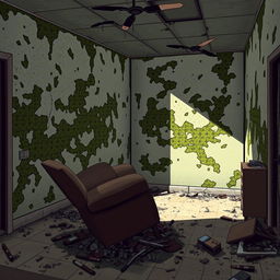 A pixel art depiction of a broken room, showcasing walls with patches of mildew and peeling paint, scattered debris on the floor, and a forsaken atmosphere