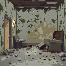 A pixel art depiction of a broken room, showcasing walls with patches of mildew and peeling paint, scattered debris on the floor, and a forsaken atmosphere