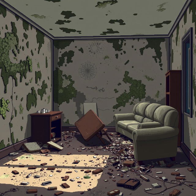 A pixel art depiction of a broken room, showcasing walls with patches of mildew and peeling paint, scattered debris on the floor, and a forsaken atmosphere