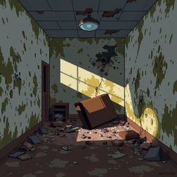 A pixel art depiction of a broken room, showcasing walls with patches of mildew and peeling paint, scattered debris on the floor, and a forsaken atmosphere