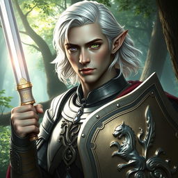 A half-elf male paladin with a strong face resembling Mads Mikkelsen’s, featuring grey skin and shoulder-length wavy platinum blonde hair