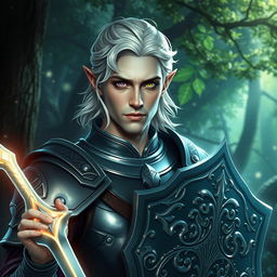 A half-elf male paladin with a strong face resembling Mads Mikkelsen’s, featuring grey skin and shoulder-length wavy platinum blonde hair