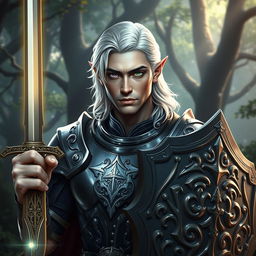 A half-elf male paladin with a strong face resembling Mads Mikkelsen’s, featuring grey skin and shoulder-length wavy platinum blonde hair