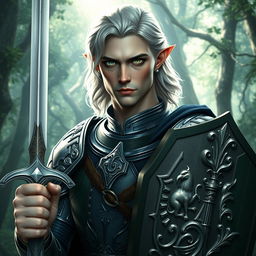 A half-elf male paladin with a strong face resembling Mads Mikkelsen’s, featuring grey skin and shoulder-length wavy platinum blonde hair