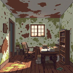 A pixel art illustration depicting a room affected by mildew, showcasing brown and green patches on the walls and ceiling that signify dampness