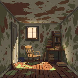 A pixel art illustration depicting a room affected by mildew, showcasing brown and green patches on the walls and ceiling that signify dampness