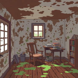 A pixel art illustration depicting a room affected by mildew, showcasing brown and green patches on the walls and ceiling that signify dampness