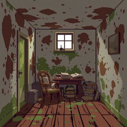 A pixel art illustration depicting a room affected by mildew, showcasing brown and green patches on the walls and ceiling that signify dampness