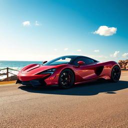 A stunning modern supercar parked majestically on a sunlit coastal road, showcasing its aerodynamic design and vibrant red paint