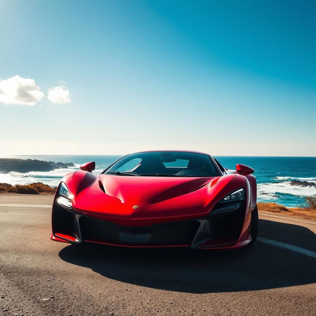 A stunning modern supercar parked majestically on a sunlit coastal road, showcasing its aerodynamic design and vibrant red paint