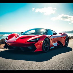 A stunning modern supercar parked majestically on a sunlit coastal road, showcasing its aerodynamic design and vibrant red paint