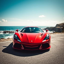 A stunning modern supercar parked majestically on a sunlit coastal road, showcasing its aerodynamic design and vibrant red paint