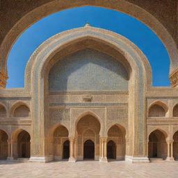 A grand and magnificent stadium inspired by the architecture of the ancient Persian Empire, filled with ornate detailing, high arched doorways, and golden domes under a clear blue sky.