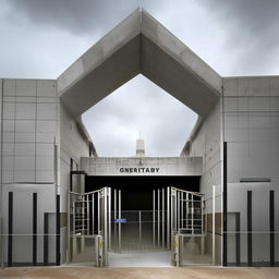 A frontal view of the entrance to a state-of-the-art maximum-security penitentiary, showcasing secured gates, advanced surveillance technology, and intimidating structural design.