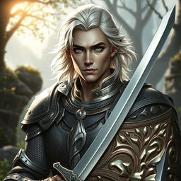 A male half-elf paladin with a strong face shape reminiscent of Mads Mikkelsen, featuring grey skin and flowing shoulder-length wavy platinum blonde hair