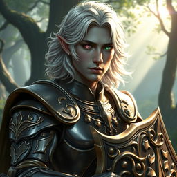 A male half-elf paladin with a strong face shape reminiscent of Mads Mikkelsen, featuring grey skin and flowing shoulder-length wavy platinum blonde hair