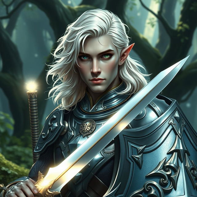 A male half-elf paladin with a strong face shape reminiscent of Mads Mikkelsen, featuring grey skin and flowing shoulder-length wavy platinum blonde hair