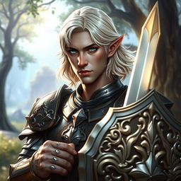 A male half-elf paladin with a strong face shape reminiscent of Mads Mikkelsen, featuring grey skin and flowing shoulder-length wavy platinum blonde hair