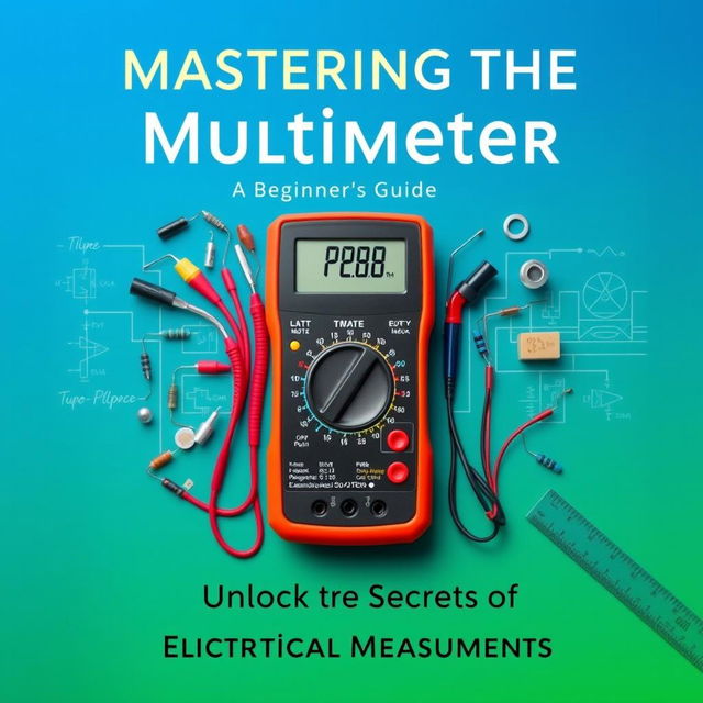 An eBook cover design showcasing a multimeter prominently in the center, surrounded by various electrical components like resistors, capacitors, and circuit diagrams