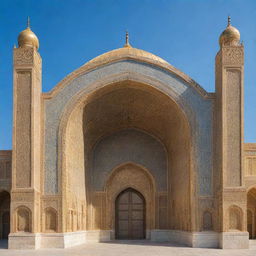 A grand and magnificent stadium inspired by the architecture of the ancient Persian Empire, filled with ornate detailing, high arched doorways, and golden domes under a clear blue sky.