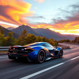 A stunning and sleek supercar driving at high speed on a winding mountain road during sunset