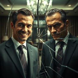 A cracked mirror reflecting two distinct images of a charismatic and psychopathic CEO