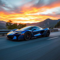 A stunning and sleek supercar driving at high speed on a winding mountain road during sunset