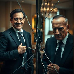A cracked mirror reflecting two distinct images of a charismatic and psychopathic CEO