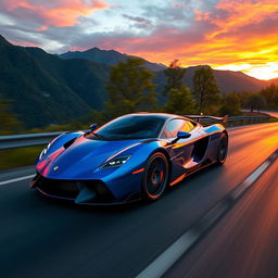 A stunning and sleek supercar driving at high speed on a winding mountain road during sunset