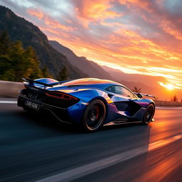 A stunning and sleek supercar driving at high speed on a winding mountain road during sunset