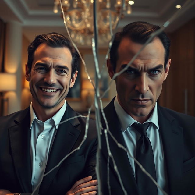 A cracked mirror reflecting two distinct images of a charismatic and psychopathic CEO