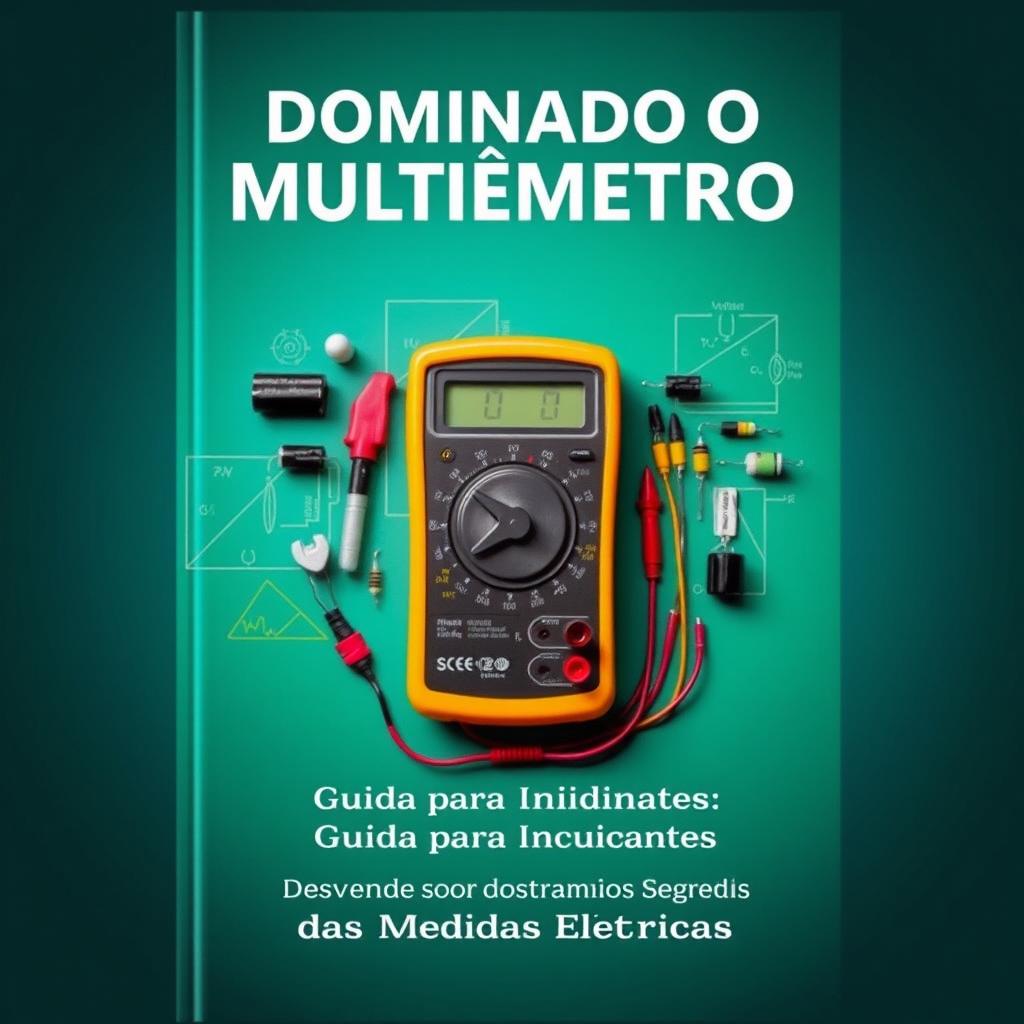 Uma capa de eBook destacando um multímetro em posição central, cercado por componentes elétricos como resistores, capacitores e diagramas de circuitos