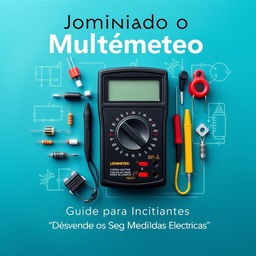 Uma capa de eBook destacando um multímetro em posição central, cercado por componentes elétricos como resistores, capacitores e diagramas de circuitos