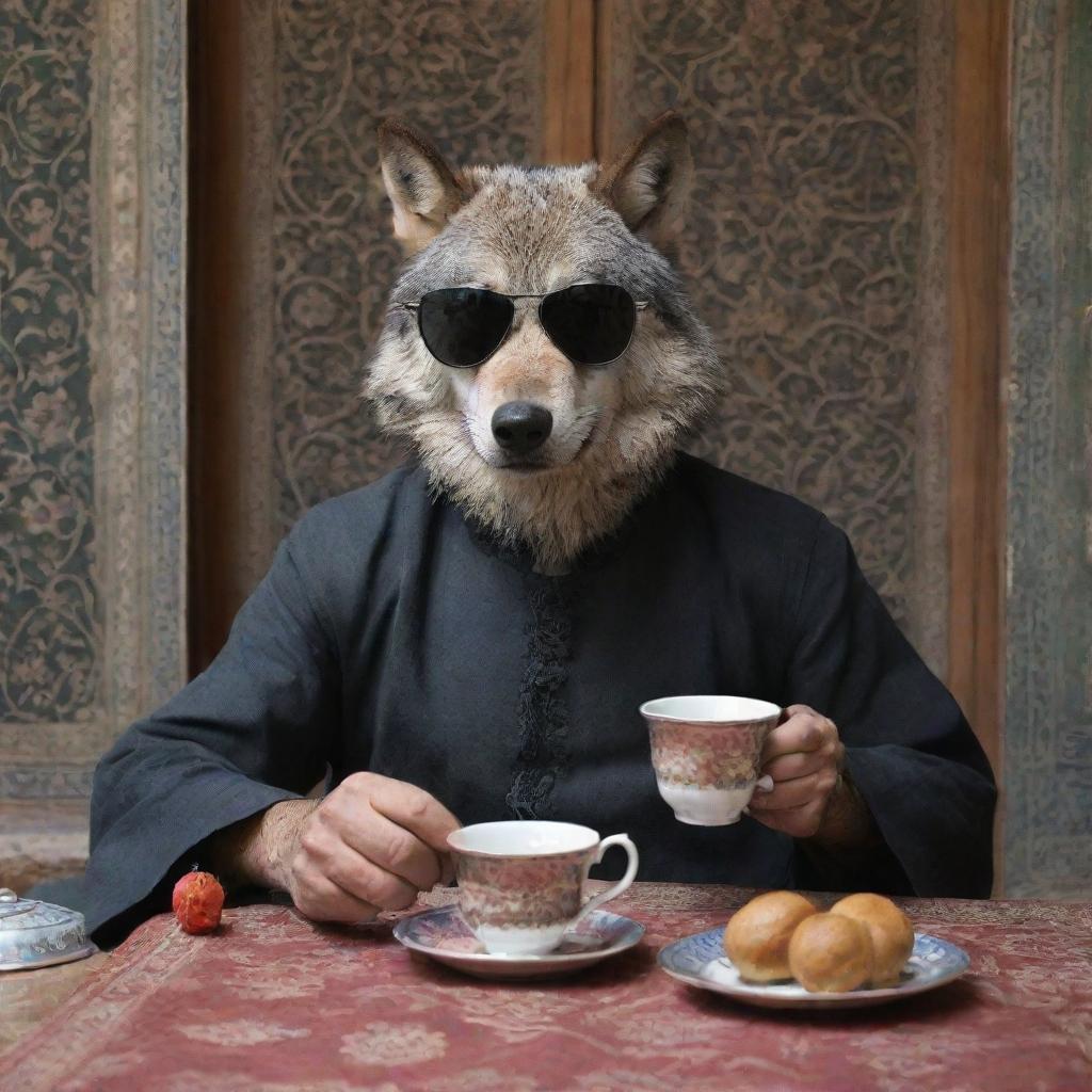 A badass wolf wearing dark sunglasses, sipping tea in a traditional Iranian setting.