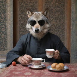 A badass wolf wearing dark sunglasses, sipping tea in a traditional Iranian setting.