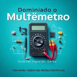 Uma capa de eBook destacando um multímetro em posição central, cercado por componentes elétricos como resistores, capacitores e diagramas de circuitos