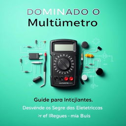 Uma capa de eBook destacando um multímetro em posição central, cercado por componentes elétricos como resistores, capacitores e diagramas de circuitos