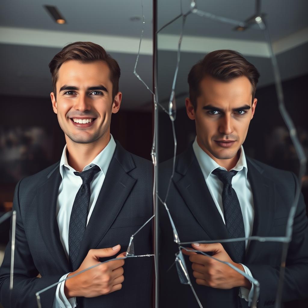 A cracked mirror showcasing two reflections of a young, charismatic CEO with a psychopathic personality