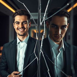 A cracked mirror showcasing two reflections of a young, charismatic CEO with a psychopathic personality