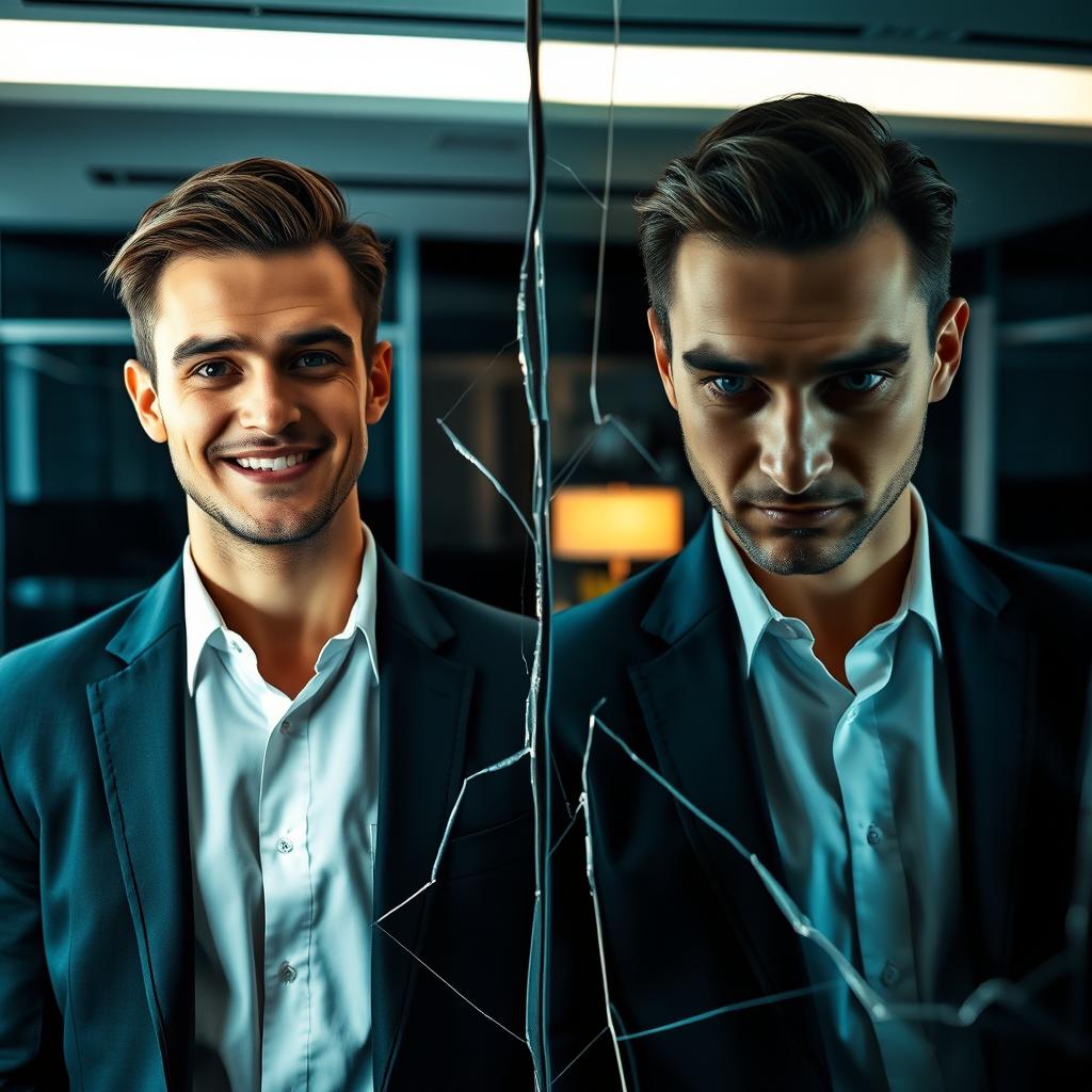 A cracked mirror showcasing two reflections of a young, charismatic CEO with a psychopathic personality