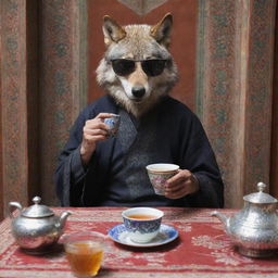 A badass wolf wearing dark sunglasses, sipping tea in a traditional Iranian setting.