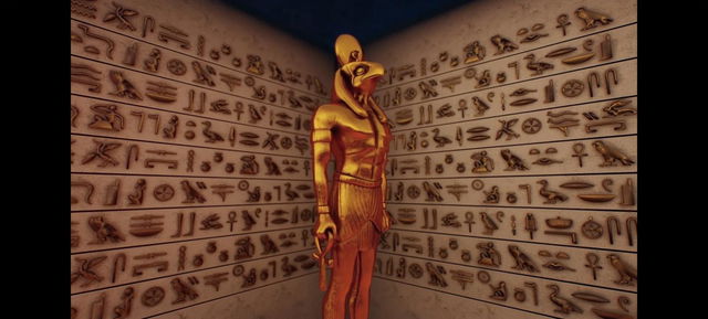 A stunning 3D representation of the Egyptian god Horus, depicted in a grand corner of an ancient temple